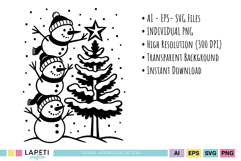 Stacked snowmen decorating snowy tree