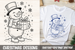 Snowman with top hat and gift box—line art SVG for shirts, mugs, stickers, cards, and winter crafts.