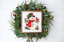 This vertically arranged winter PNG features a smiling snowman with a carrot nose, coal smile, red scarf, and festive greenery resting in soft snow.