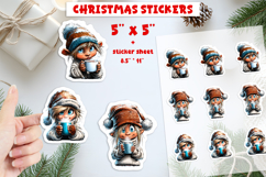 Christmas stickers, cute girl with coffee print and cut PNG Product Image 1