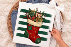 Christmas Stocking with Gifts PNG, Vintage Green Stripes PNG Product Image 2