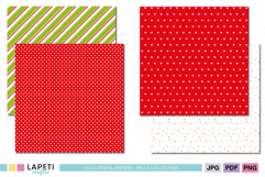 Festive red and green Christmas digital papers featuring polka dots, diagonal stripes, and small heart patterns.
