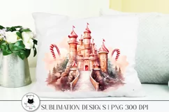 christmas sublimation design with candy cane castle illustration shown on a pillow