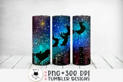 winter tumbler sublimation design with santa and reindeer sleds on glittery sky