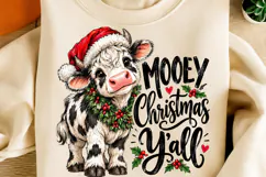 Mooey Christmas Y’all PNG | Funny Christmas Cow Santa Hat Product Image 5