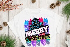 colorful Christmas sublimation png with a phrase merry Christmas  and a Christmas tree drawing on a white t-shirt