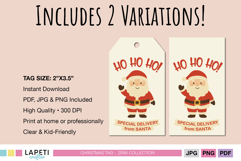 Two variations of printable Christmas tags with Santa Claus, includes versions with and without hole, perfect for holiday gifts.