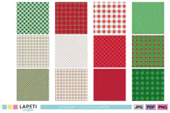 Christmas digital papers featuring coordinated red, green, white and soft pink plaid designs.