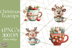 Christmas Teacup Clipart PNG Cute Holiday Characters Product Image 1
