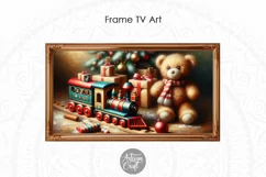 The Christmas Frame TV art shows an oil painting of Christmas toys like toy train and teddy bear. digital download