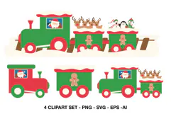 Christmas train clipart with Santa, reindeer, snowmen, penguin and festive holiday wagons