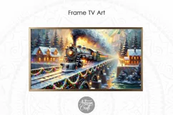 Christmas Frame TV art shows an oil painting of vintage Christmas train over snowy bridge and decorated town.
