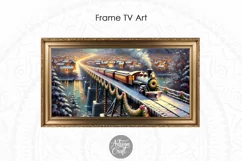 An oil painting of a vintage Christmas train crossing a snowy bridge over a decorated town can be seen in the Christmas Frame TV art.