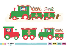 Green Christmas train with Santa driving and reindeer riding in snowy wagons