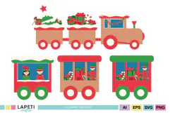 Festive Christmas train with gift-filled wagons and red and green holiday decorations