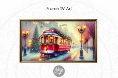 The Christmas Frame TV art shows a painting of a red tram decorated for Christmas.