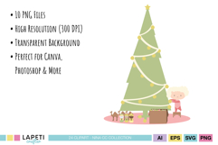 Baby decorating a pastel Christmas tree with lights and gifts, perfect for festive designs.