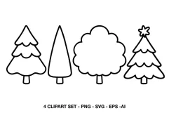 Four simple Christmas tree outline graphics with black lines and white-filled interiors