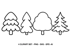 Four Christmas tree outline graphics with bold black borders and white-filled interiors