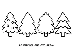 Four Christmas tree outline graphics with bold black lines and white-filled interiors