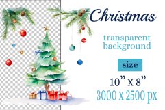 watercolor clipart Christmas tree on transparent background. Perfect for creating Christmas card, ornament, cover, invitation, sublimation, poster, sublimation and print.