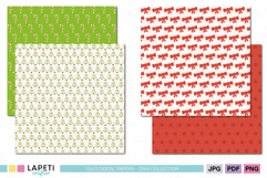 Holiday paper set showing candy canes, Christmas trees, red bows, and star backgrounds.