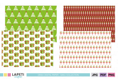 Green and red Christmas digital paper with holiday trees and wrapped presents for scrapbooking and crafts.