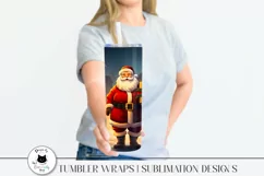 woman holding a tumbler with santa design