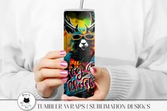 woman holding a tumbler with reindeer playing a guitar