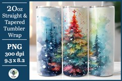 Colorfule watercolor Christmas tree being shown on a 20oz skinny tumbler