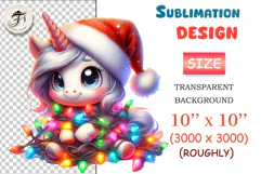 Cute Christmas unicorn clipart with Santa hat and lights. High-res PNG for cards, stickers, sublimation and holiday crafts.