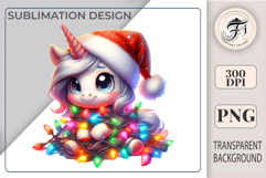 Cute Christmas unicorn clipart with Santa hat and lights. High-res PNG for cards, stickers, sublimation and holiday crafts.