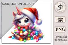Cute Christmas unicorn clipart with Santa hat and lights. High-res PNG for cards, stickers, sublimation and holiday crafts.