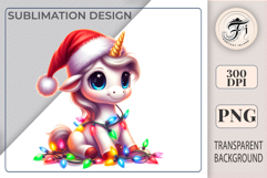 Cute Christmas unicorn clipart with Santa hat and lights. High-res PNG for cards, stickers, sublimation and holiday crafts.
