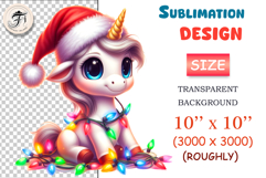 Cute Christmas unicorn clipart with Santa hat and lights. High-res PNG for cards, stickers, sublimation and holiday crafts.