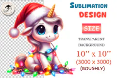 Cute Christmas unicorn clipart with Santa hat and lights. High-res PNG for cards, stickers, sublimation and holiday crafts.