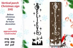 Cute Christmas SVG design Believes with Santa in sleigh and reindeers and decor elements for vertical porch sign, home season decoration.