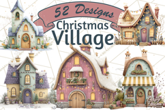 Christmas Village Houses Clipart, Festive Winter Homes PNG Product Image 1