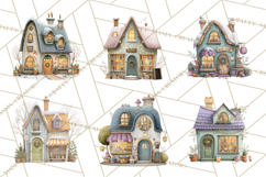 Christmas Village Houses Clipart, Festive Winter Homes PNG Product Image 3