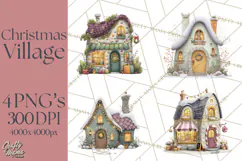 Christmas Village Houses Clipart, Festive Winter Homes PNG Product Image 1