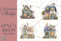 Christmas Village Houses Clipart, Festive Winter Homes PNG Product Image 1