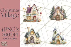 Christmas Village Houses Clipart, Festive Winter Homes PNG Product Image 1