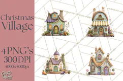 Christmas Village Houses Clipart, Festive Winter Homes PNG Product Image 1