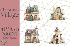 Christmas Village Houses Clipart, Festive Winter Homes PNG Product Image 1