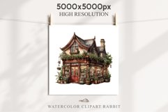 Christmas Vintage Storefront House Santa Winter Shop Clipart  Nursery wall art card making collage printable files xmas decor junk journal sublimation santa watercolor Vintage Christmas Santa House clipart, christmas storefront, winter shop bakery Decor