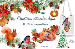 Christmas watercolor clipart poinsettia, fox, bird Product Image 1