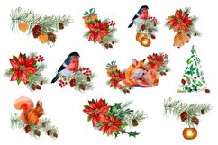 Christmas watercolor clipart poinsettia, fox, bird Product Image 2