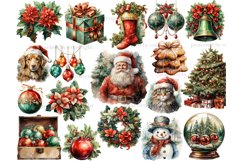 Watercolor clipart bundle. Santa Claus in a red hat and a suit with a black belt. Christmas poinsettia flowers. A stack of knitted Christmas gingerbreads with an orange bow. Dog in a Christmas hat. A gift in a green box. Glass Christmas Globe