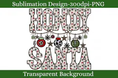 Howdy Santa Western Christmas PNG featuring patterned red, green and brown stars, cow print ornaments, checkerboard lightning bolts and rustic hanging decorations.