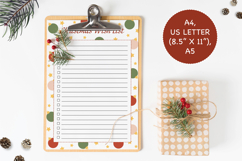 Printable Christmas Wish List on a gold clipboard surrounded by festive decorations — red ornaments, pine branches, twine, and wooden stars. Holiday planner page with colorful ornament and star border for writing gift ideas.